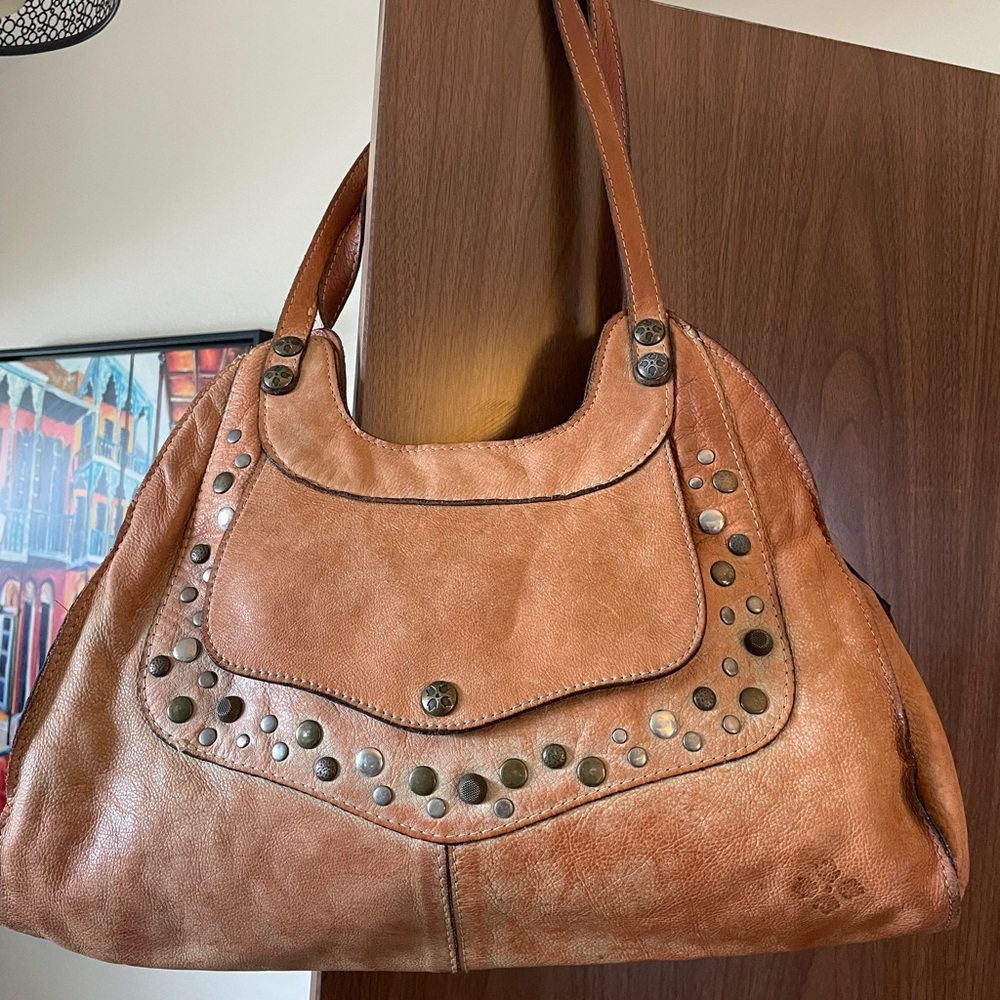 Brown Leather Studded Shoulder Bag